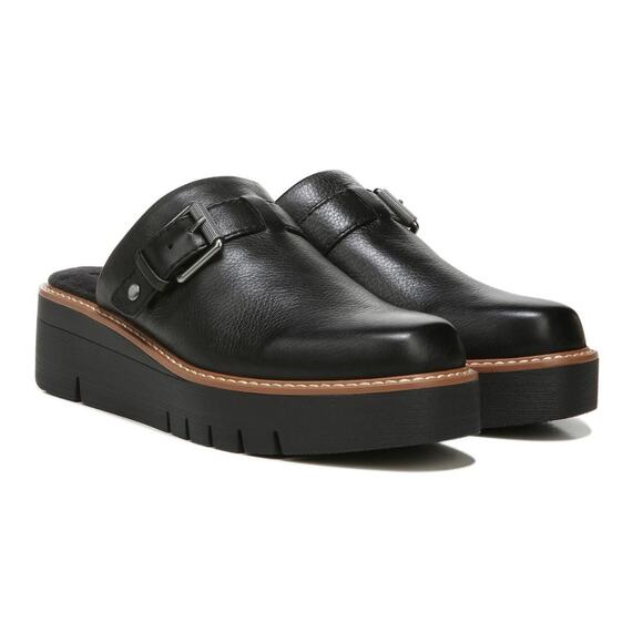 Naturalizer Mules Womens 8.5 Black Wayde Leather Platform Wedge Clogs Buckle - Picture 1 of 13